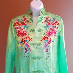 Woman Asian Green Lime Embroidered Jacket